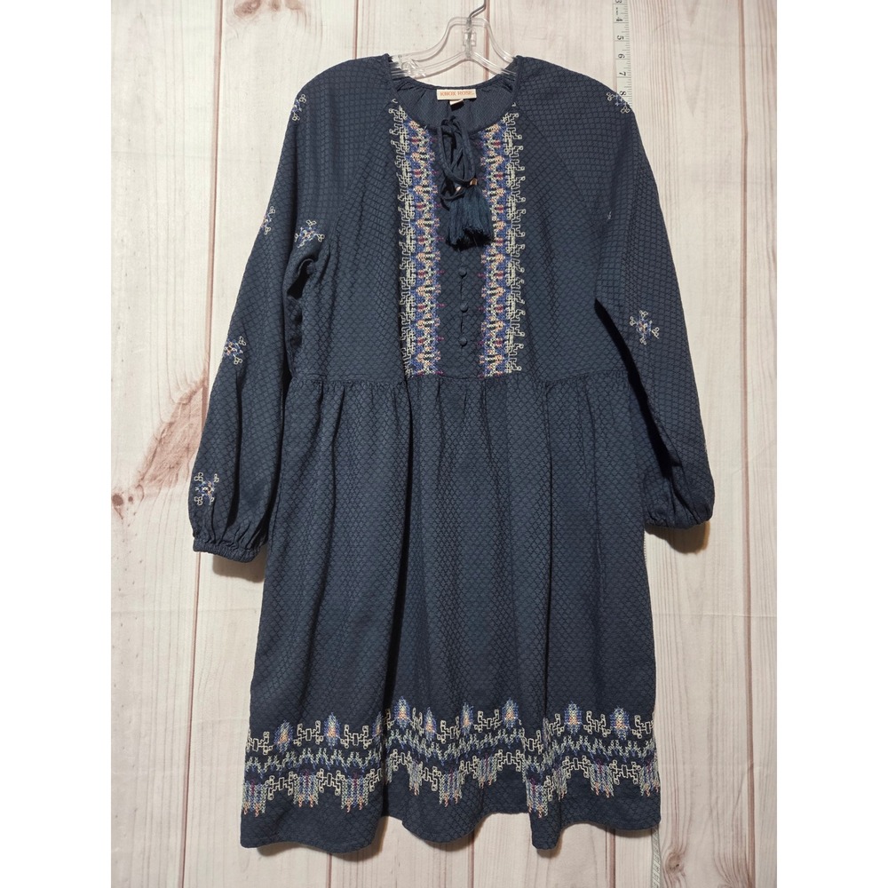 Knox Rose Women's Blue Embroidered Tassel‎ Tie Long Sleeve Dress M Pockets